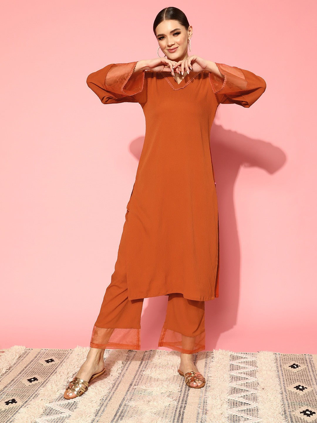 Rust Flared Sleeve Organza detailed Solid Kurta &amp; Plazzo