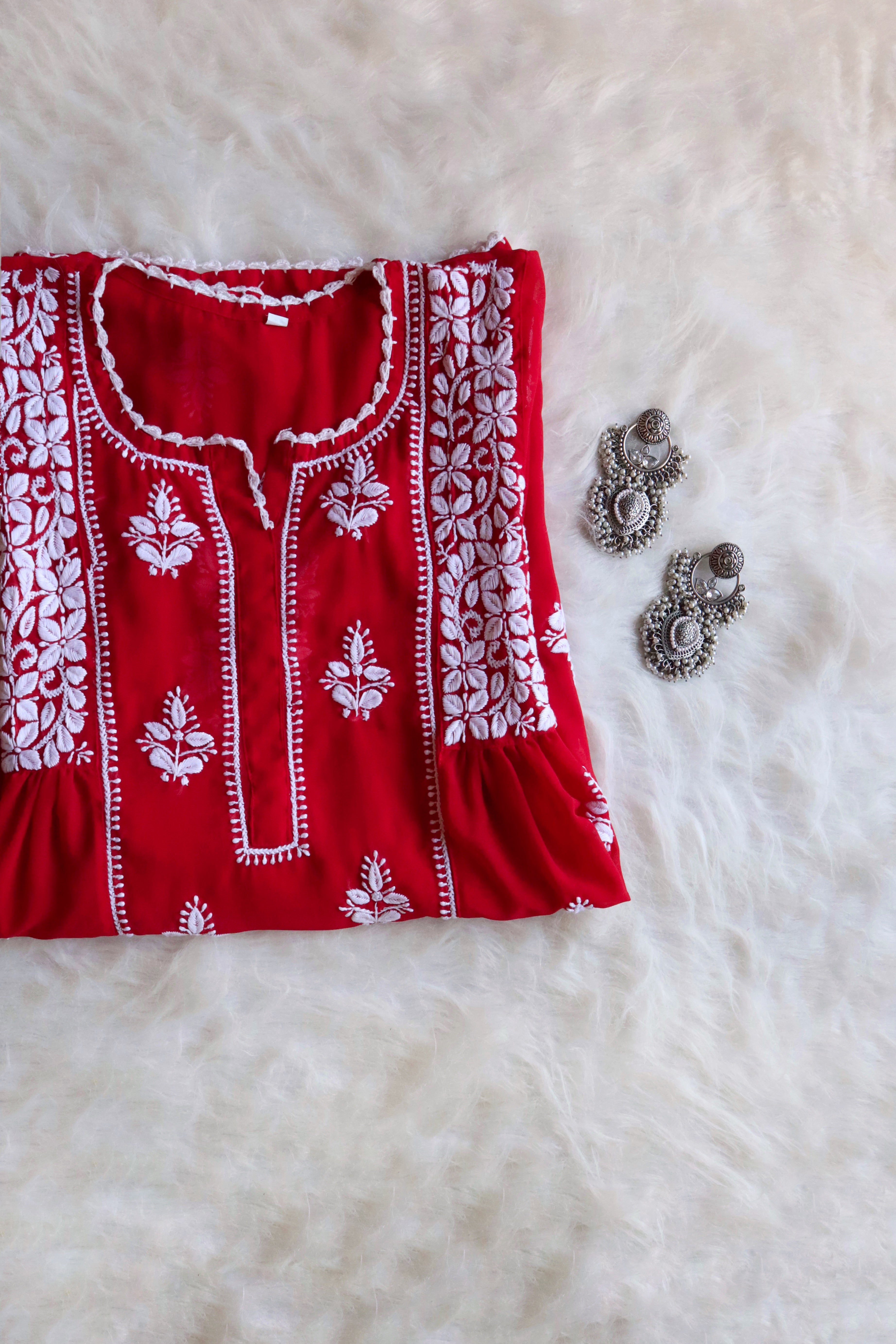 aftaab Red &amp; White Georgette Peplum