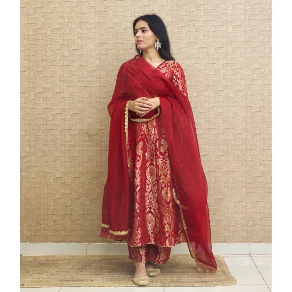 Maroon brocade anarkali suit