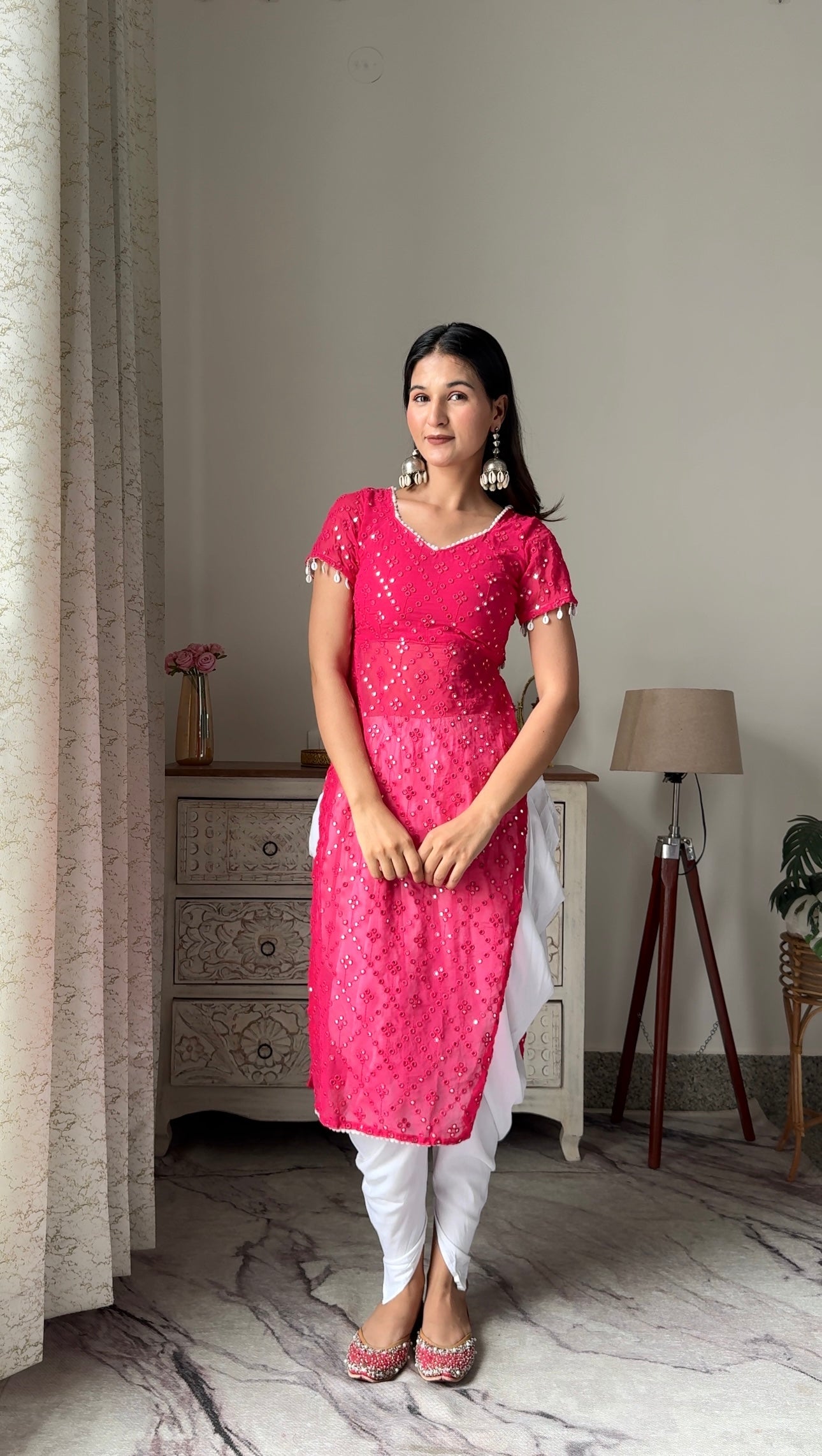 Hot Pink Embroidered Denim Gulnaz Kurta