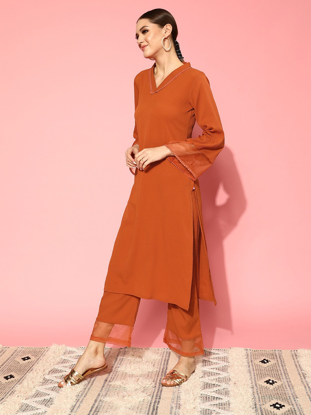 Rust Flared Sleeve Organza detailed Solid Kurta &amp; Plazzo