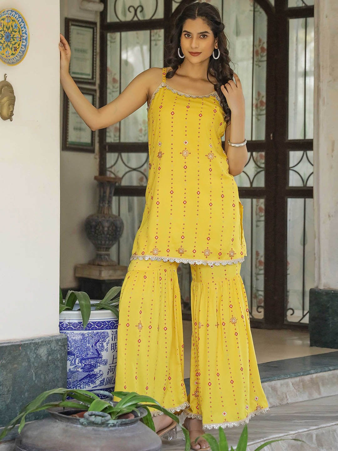 Ethnic Motifs Printed Straight Kurti with Sharara