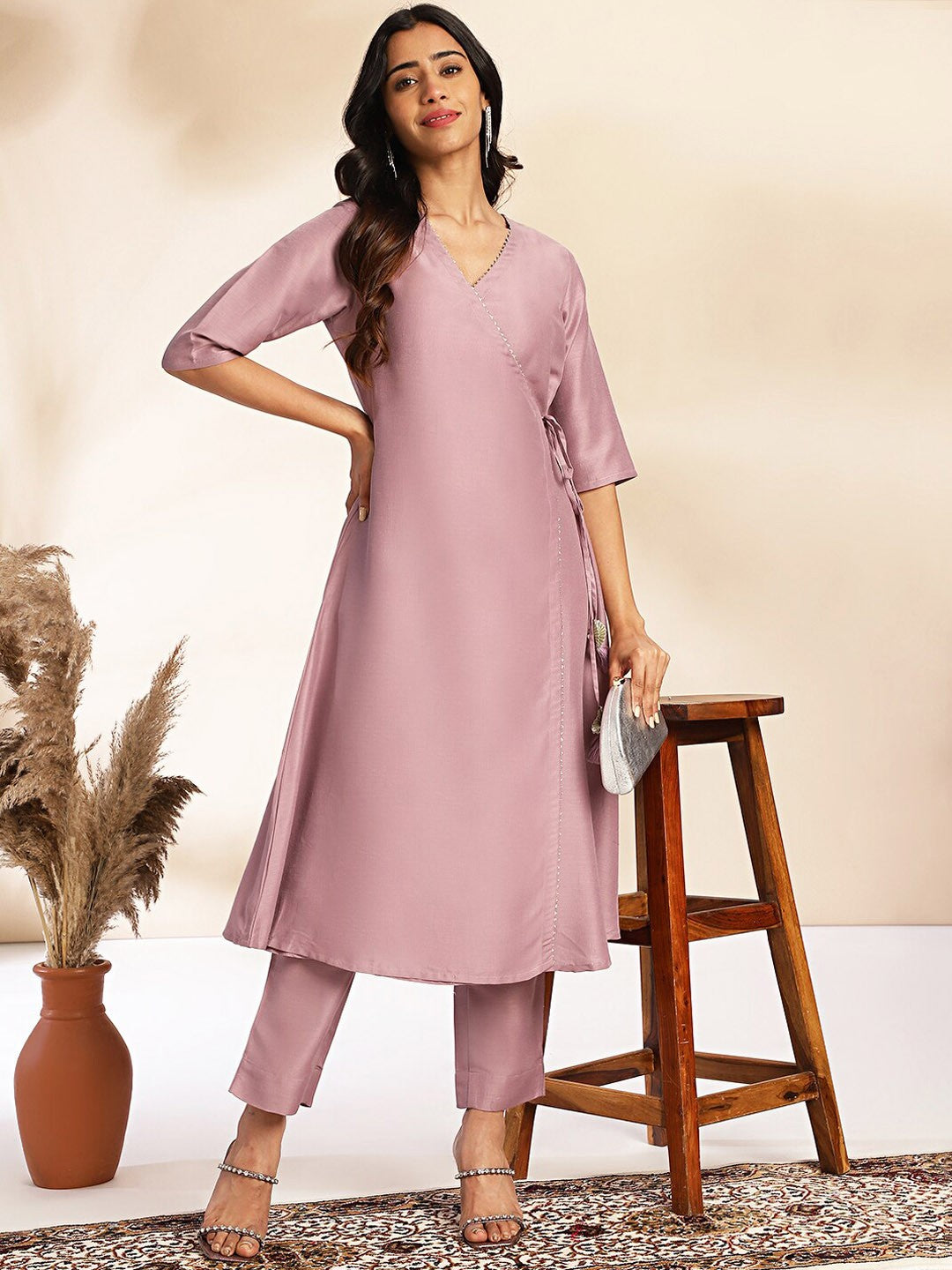 Lavender Chinnon Solid Wrap Kurta Set