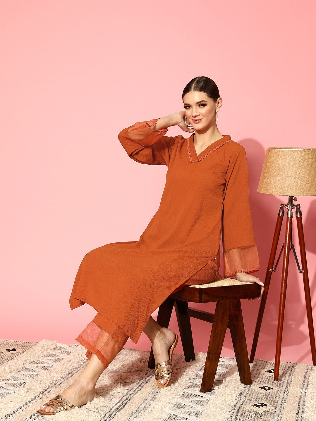 Rust Flared Sleeve Organza detailed Solid Kurta &amp; Plazzo