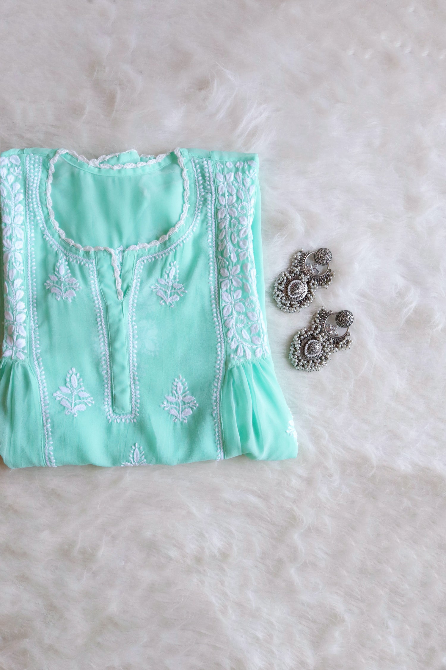 aftaab Mint Green &amp; White Georgette Peplum