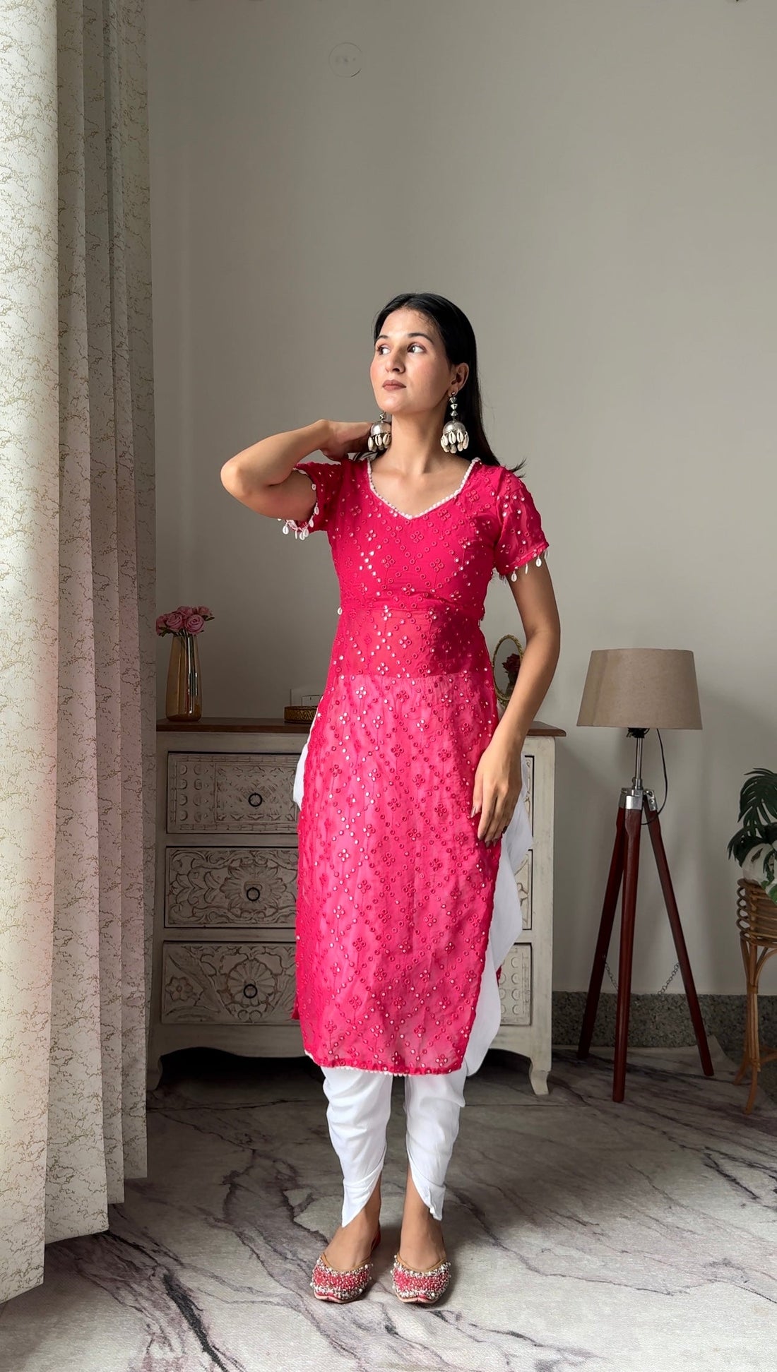 Hot Pink Embroidered Denim Gulnaz Kurta