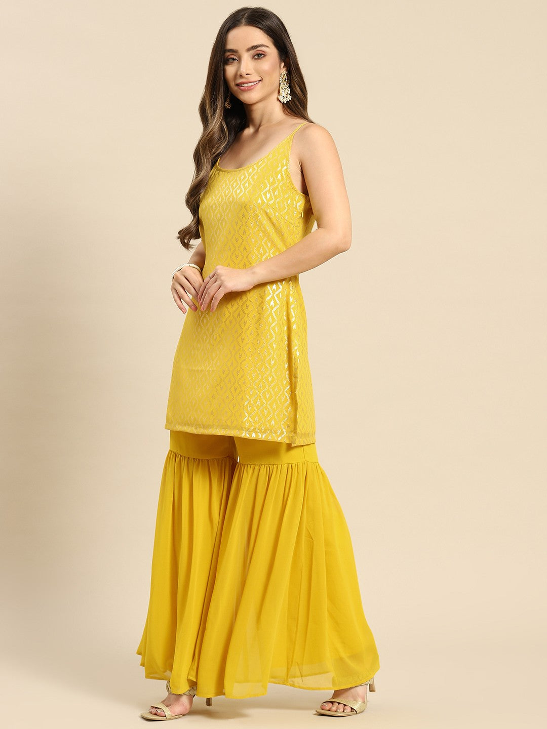 Women Yellow Ethnic Motifs Printed Kurta with Sharara