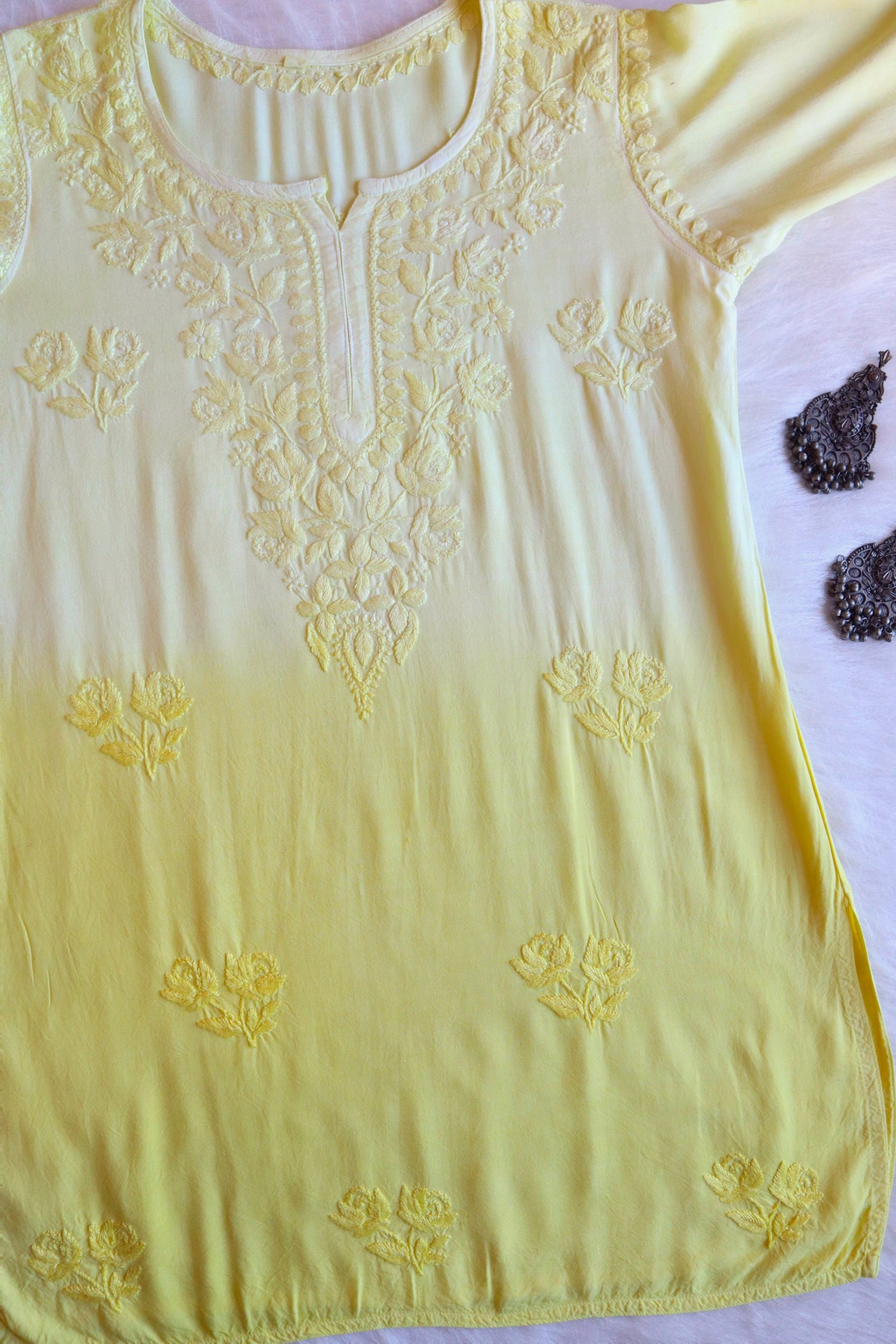 gulzar Pastel Yellow Ombre Short Rayon Kurta