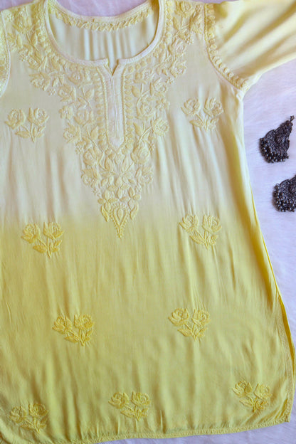 gulzar Pastel Yellow Ombre Short Rayon Kurta