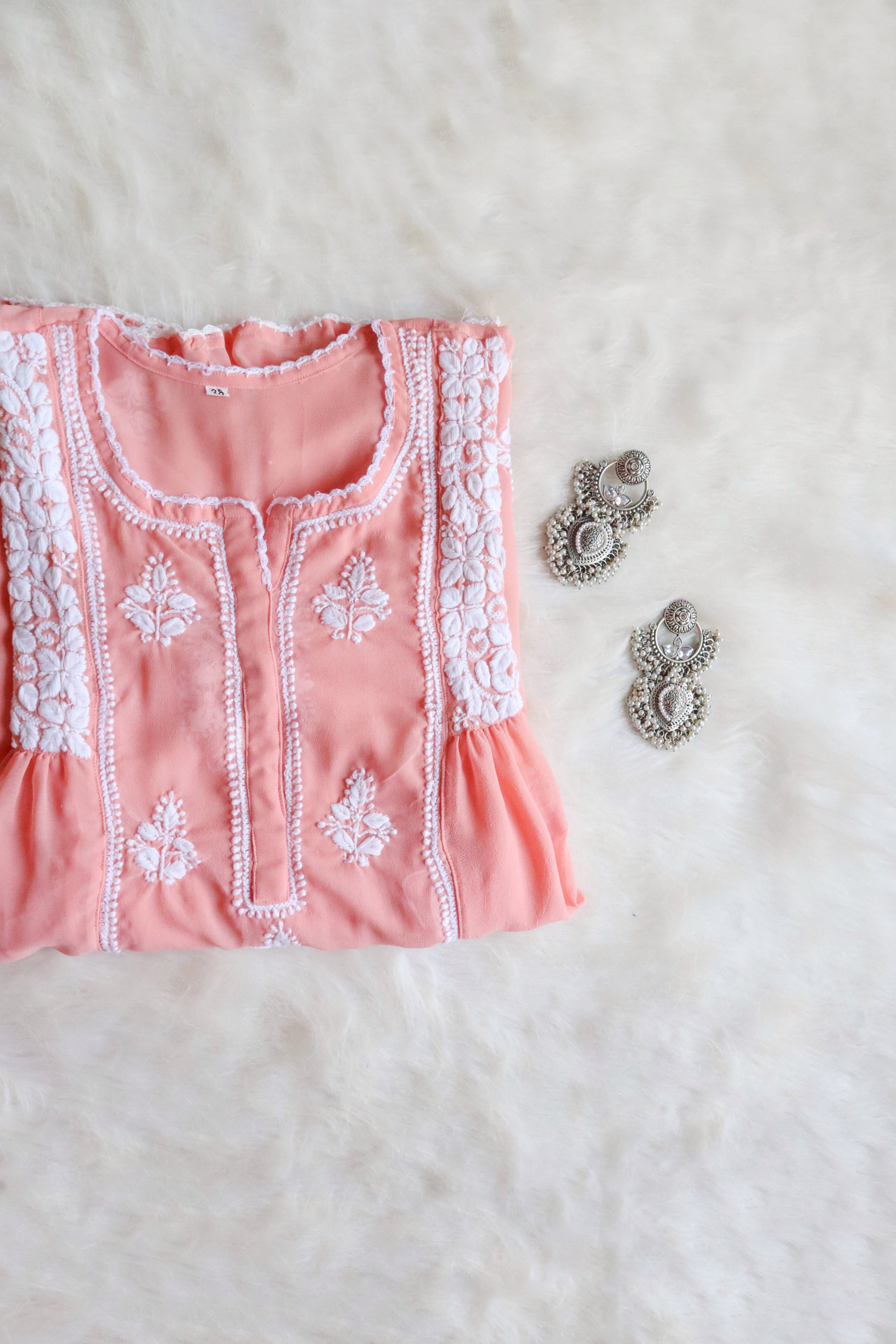 aftaab Peach &amp; White Georgette Peplum