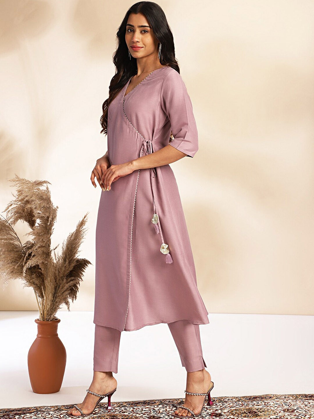 Lavender Chinnon Solid Wrap Kurta Set