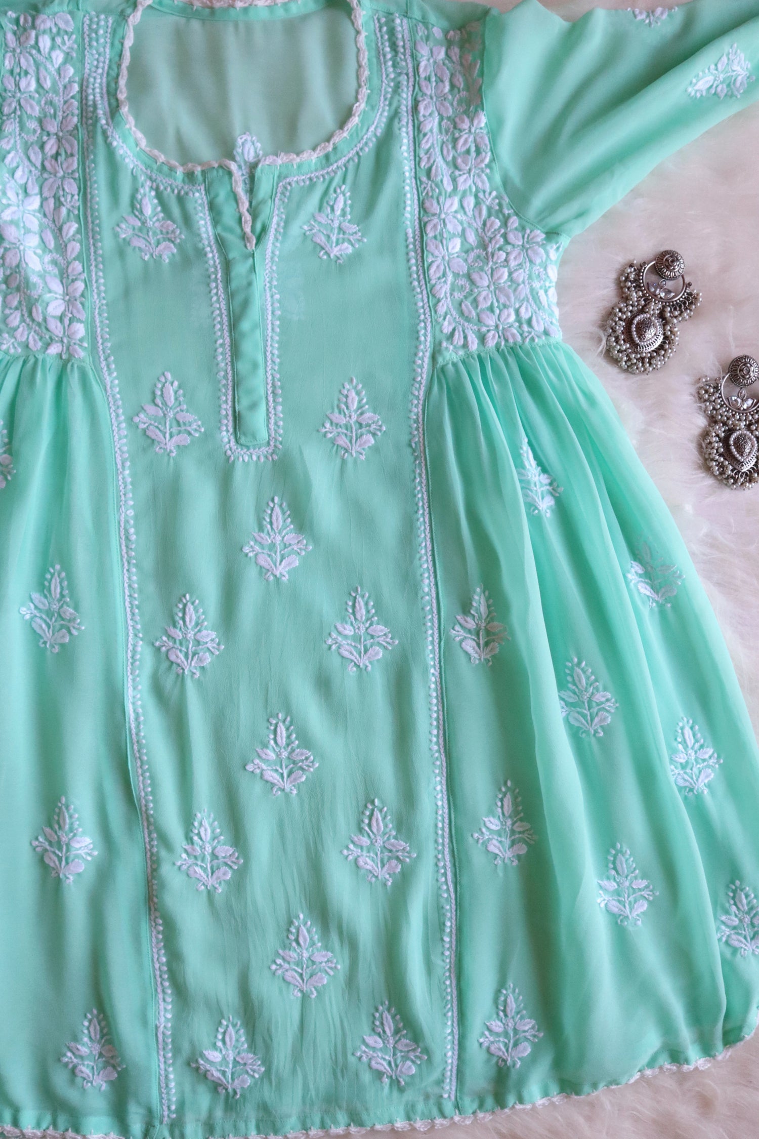 aftaab Mint Green &amp; White Georgette Peplum