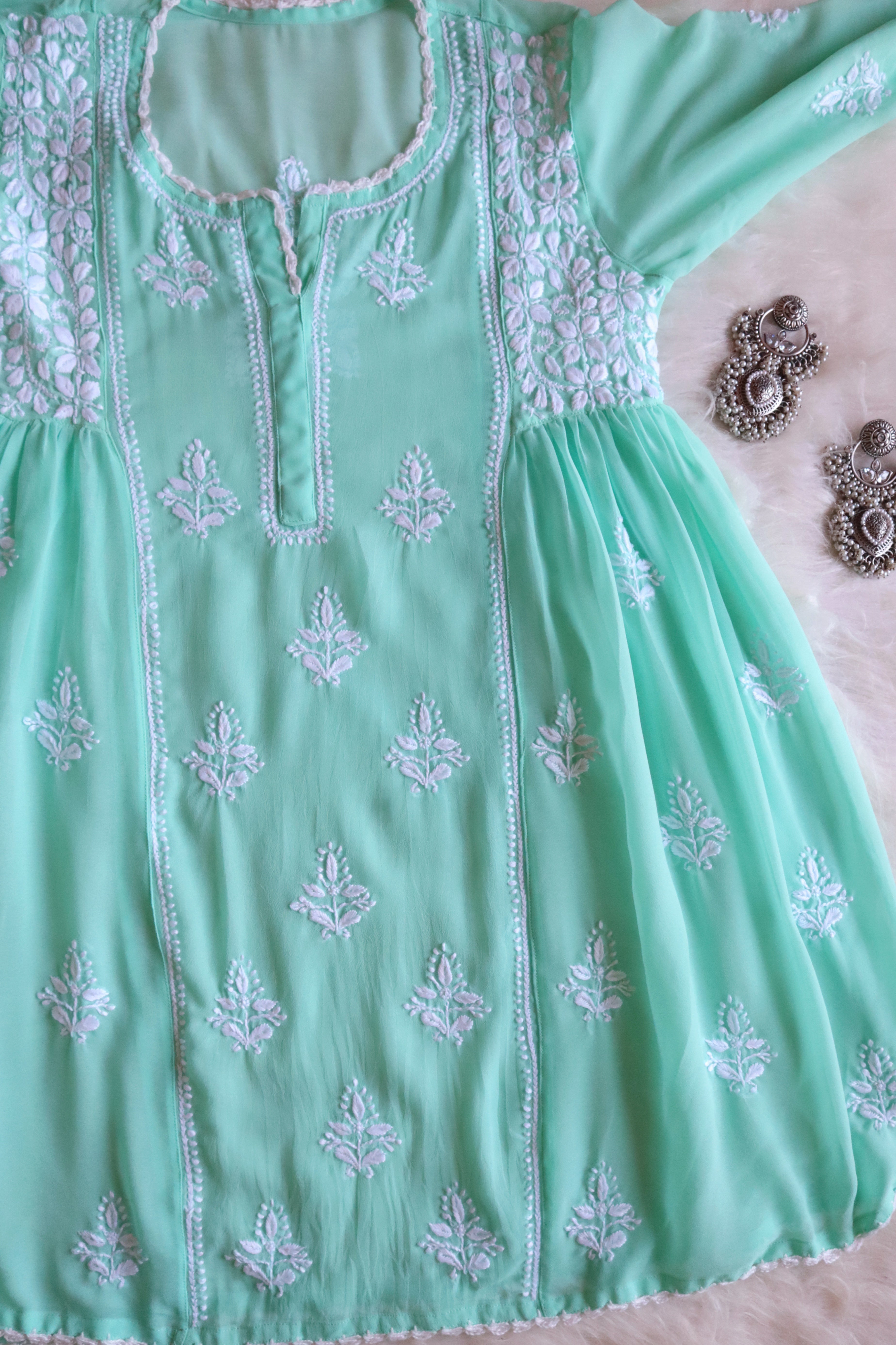 aftaab Mint Green &amp; White Georgette Peplum