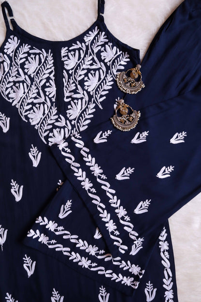 Sandhya Navy Blue Sleeveless Rayon Kurta Pant set