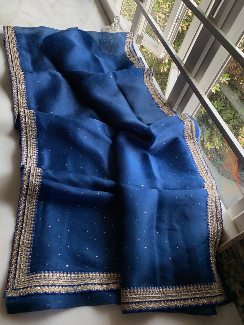 Midnight Sparkle Navy Blue  Organza Silk Saree