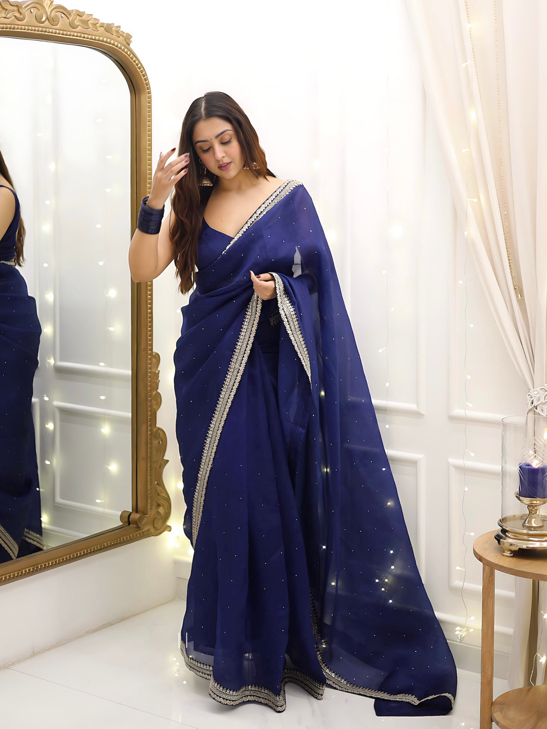 Midnight Sparkle Navy Blue  Organza Silk Saree