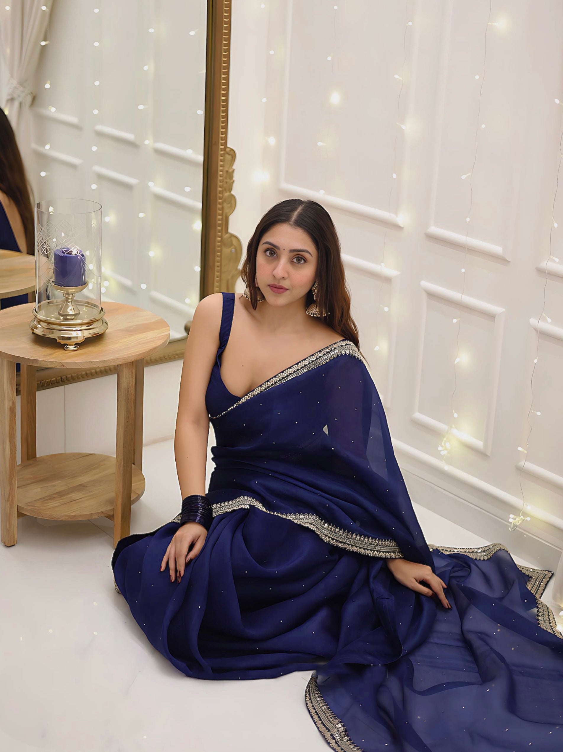 Midnight Sparkle Navy Blue  Organza Silk Saree