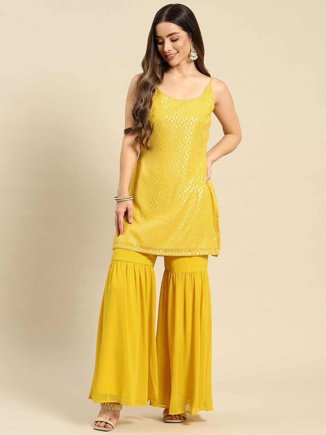 Women Yellow Ethnic Motifs Printed Kurta with Sharara