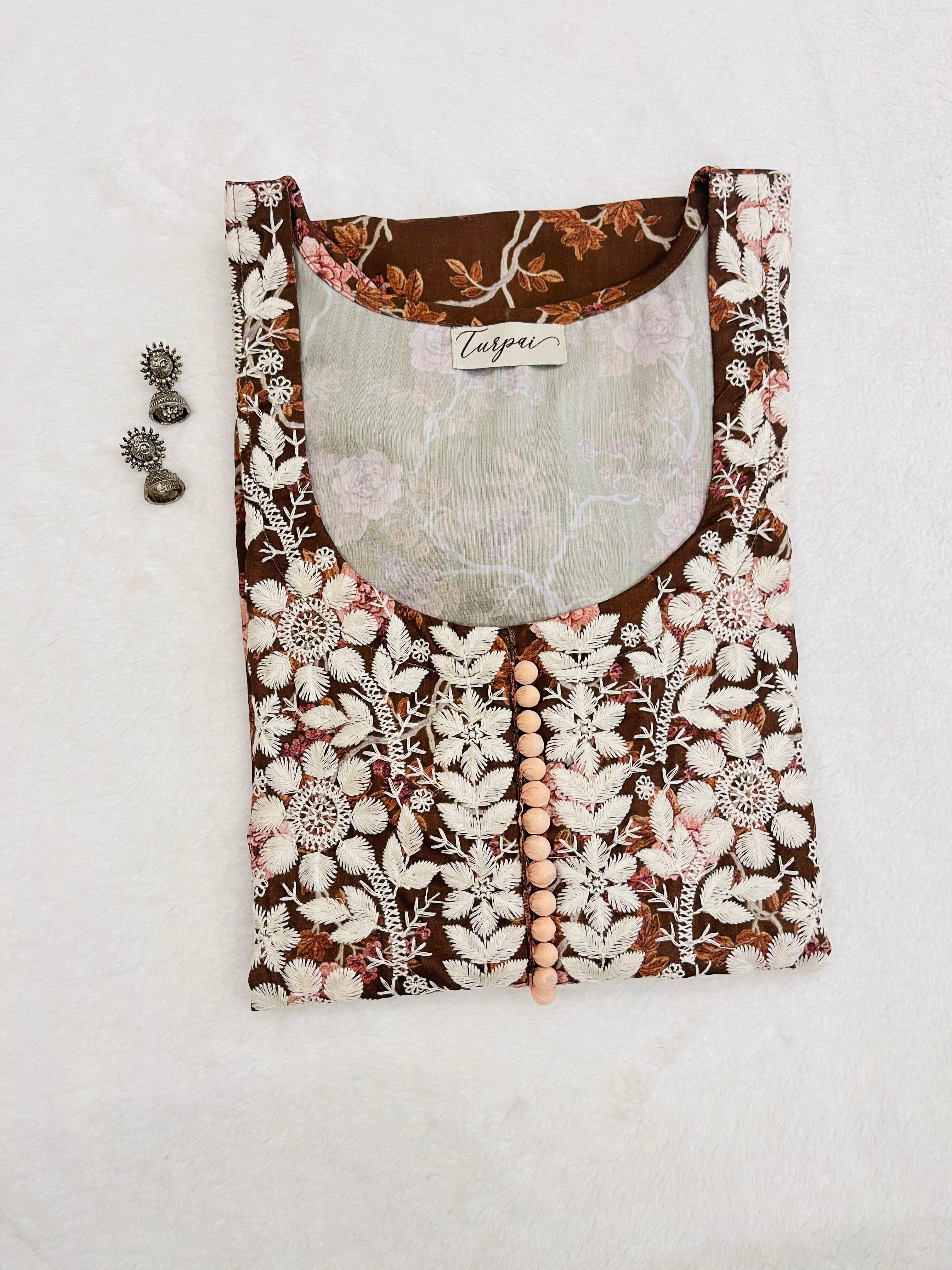 Kaveri Brown machine chikankari straight kurti