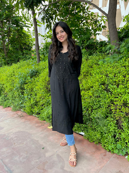 Ahana Black Rayon Sequin Embllished Long Kurta