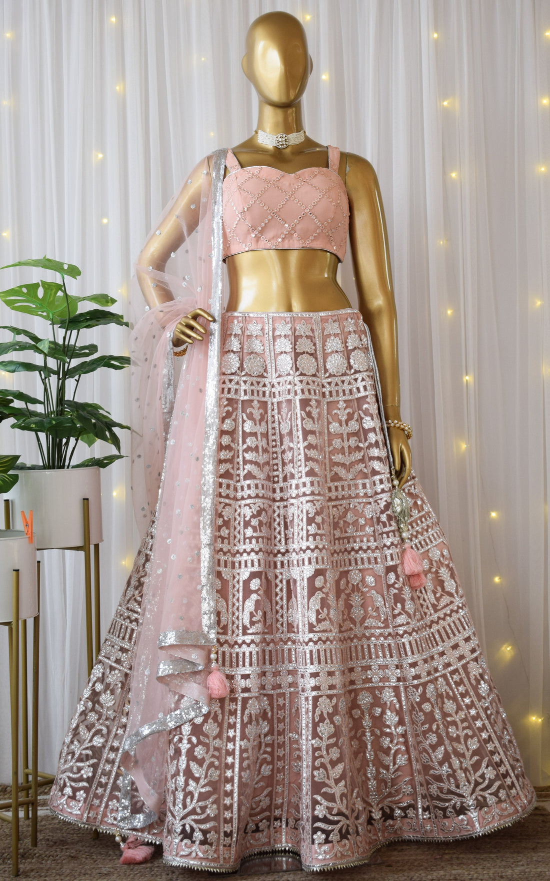 Powder Pink Foil Work Lehenga