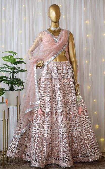 Powder Pink Foil Work Lehenga