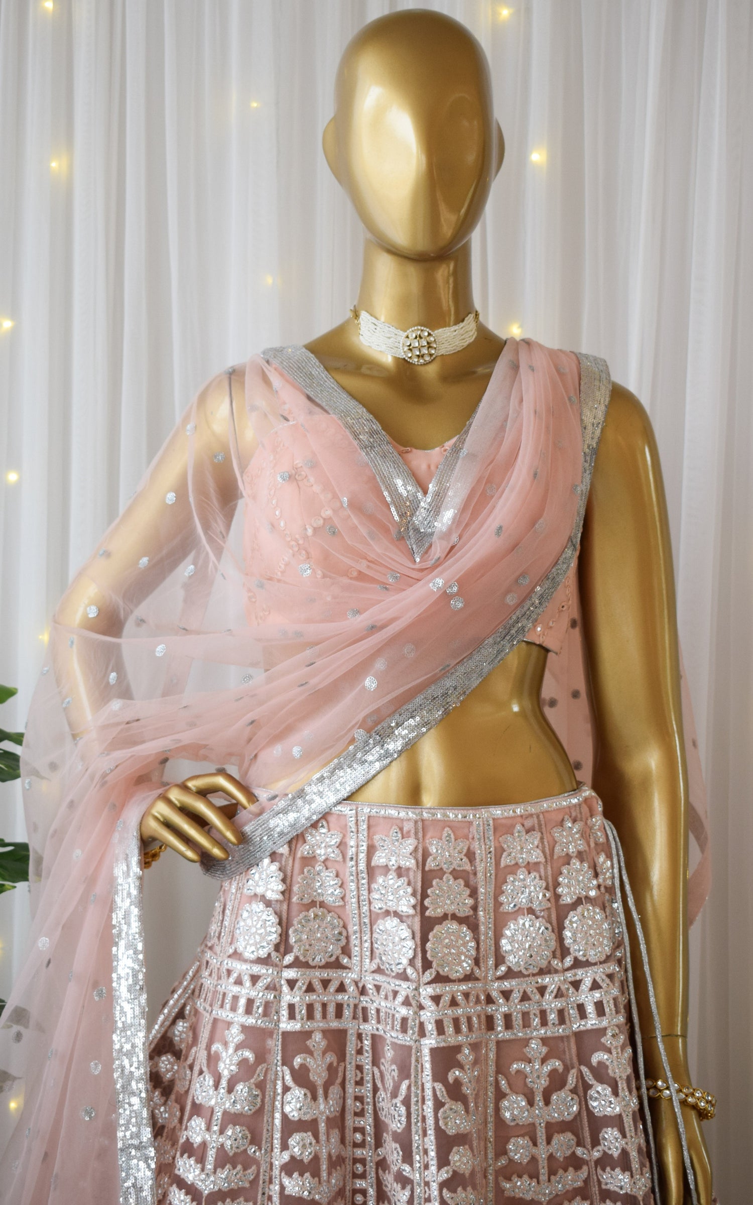 Powder Pink Foil Work Lehenga