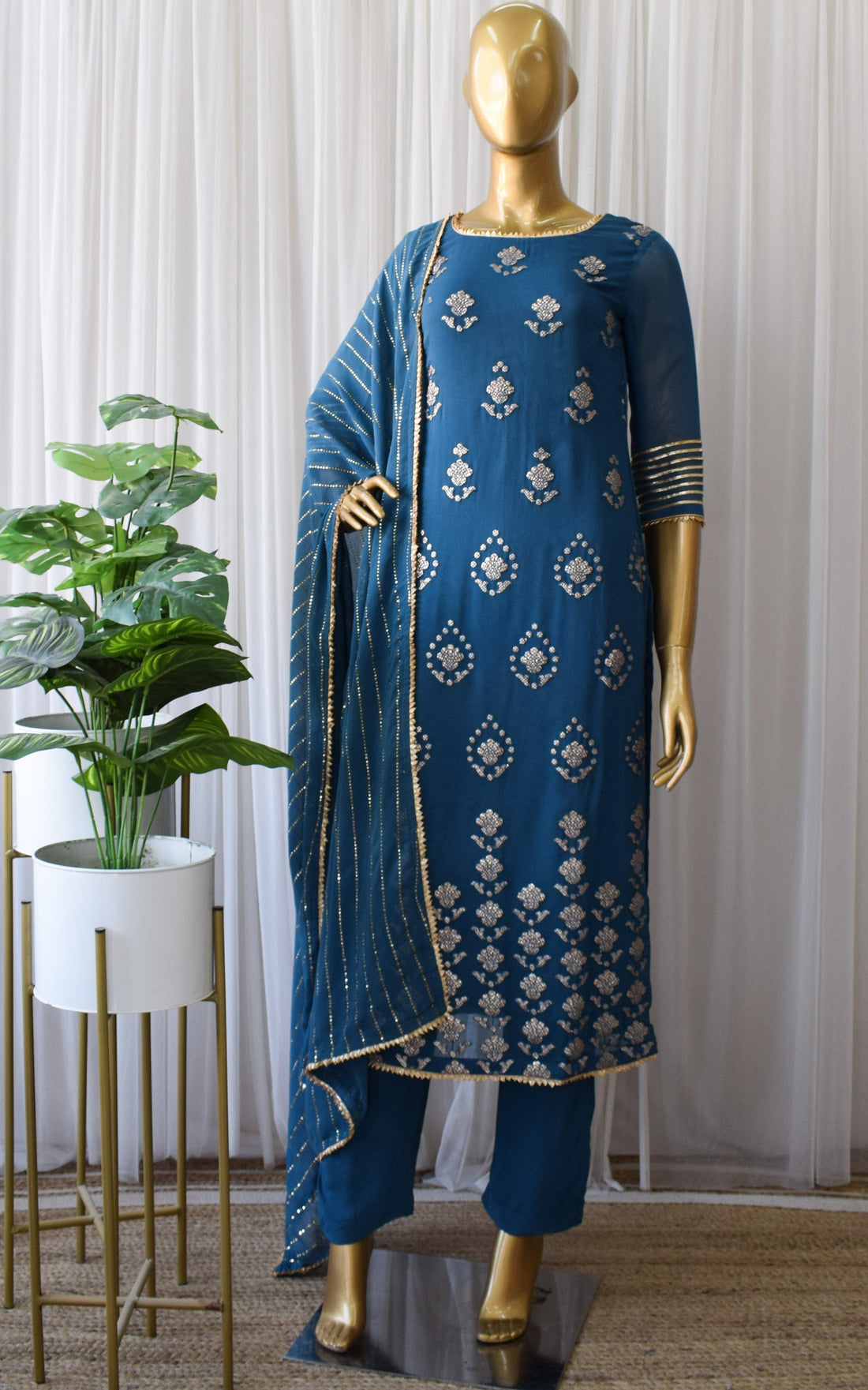 Navy Blue Gota Foil Kurta Set with Mukaish Dupatta