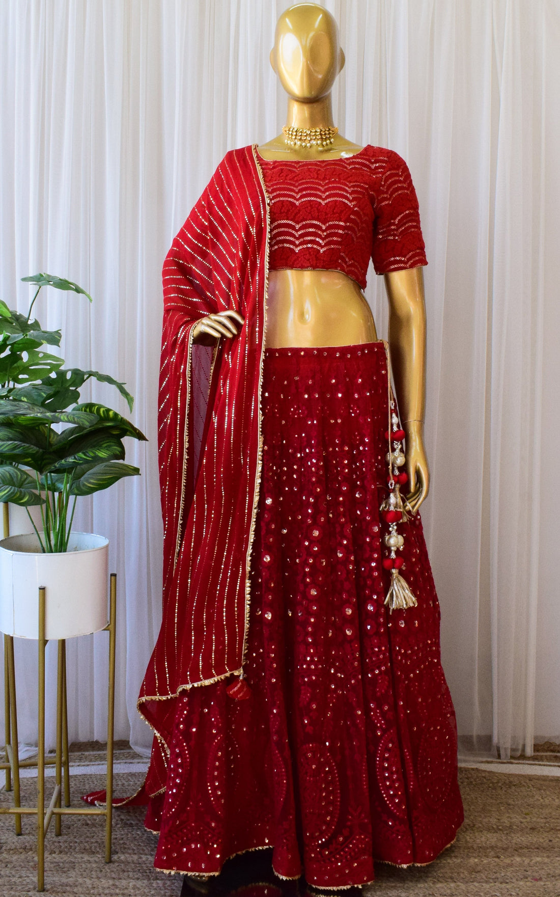 Cherry Red Threadwork Kalidar Lehenga