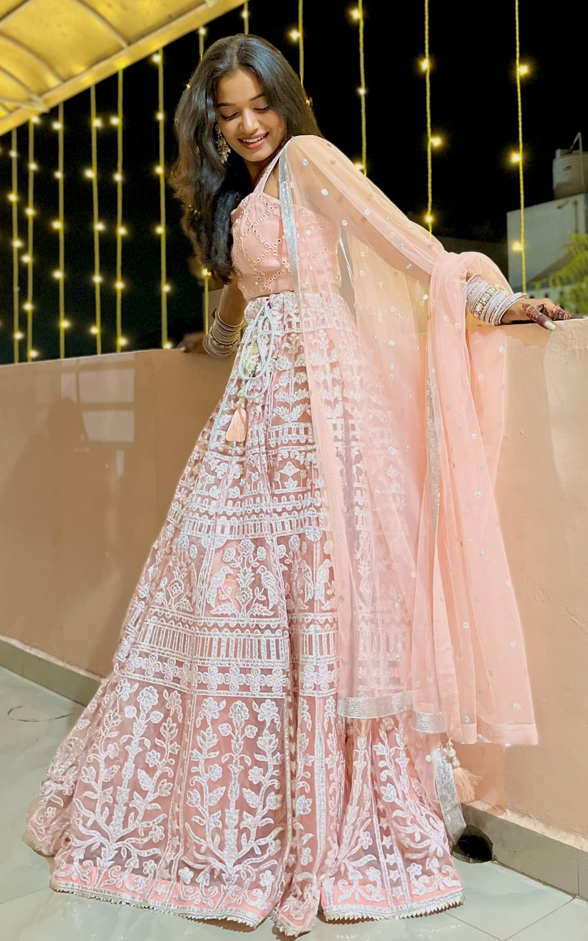 Powder Pink Foil Work Lehenga